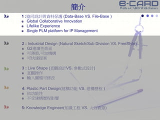 Confidential Information
1 :協同設計與資料保護 (Data-Base VS. File-Base )
Global Collaborative Innovation
Lifelike Experience
Single PLM platform for IP Management
2 : Industrial Design (Natural Sketch/Sub Division VS. FreeStyle)
G2連續性曲面
可薄殼,可加機構
可快速提案
3 : Live Shape (直觀設計VS. 參數式設計)
直觀操作
輸入圖檔可修改
4: Plastic Part Design(建構功能 VS. 建構歷程 )
依功能性
不受建構歷程影響
5: Knowledge Engineer(知識工程 VS. 人力資源)
簡介
 