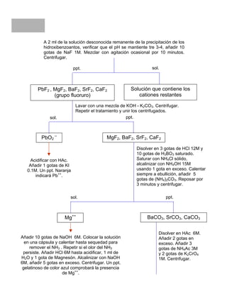 GGRRUUPPOO
FFLLUUOORRUURROO
Disolver en HAc 6M.
Añadir 2 gotas en
exceso. Añadir 3
gotas de NH4Ac 3M
y 2 gotas de K2CrO4
1M. Centrifugar.
Añadir 10 gotas de NaOH 6M. Colocar la solución
en una cápsula y calentar hasta sequedad para
remover el NH3 . Repetir si el olor del NH3
persiste. Añadir HCl 6M hasta acidificar, 1 ml de
H2O y 1 gota de Magnesón. Alcalinizar con NaOH
6M, añadir 5 gotas en exceso. Centrifugar. Un ppt.
gelatinoso de color azul comprobará la presencia
de Mg++
.
BaCO3, SrCO3, CaCO3Mg++
sol. ppt.
Disolver en 3 gotas de HCl 12M y
10 gotas de H3BO3 saturado.
Saturar con NH4Cl sólido,
alcalinizar con NH4OH 15M
usando 1 gota en exceso. Calentar
siempre a ebullición, añadir 5
gotas de (NH4)2CO3. Reposar por
3 minutos y centrifugar.
Acidificar con HAc.
Añadir 1 gotas de KI
0.1M. Un ppt. Naranja
indicará Pb++
.
sol. ppt.
Lavar con una mezcla de KOH - K2CO3. Centrifugar.
Repetir el tratamiento y unir los centrifugados.
Solución que contiene los
cationes restantes
PbF2 , MgF2, BaF2, SrF2, CaF2
(grupo fluoruro)
A 2 ml de la solución desconocida remanente de la precipitación de los
hidroxibenzoantos, verificar que el pH se mantiente tre 3-4, añadir 10
gotas de NaF 1M. Mezclar con agitación ocasional por 10 minutos.
Centrifugar.
MgF2, BaF2, SrF2, CaF2PbO2
--
sol.ppt.
 