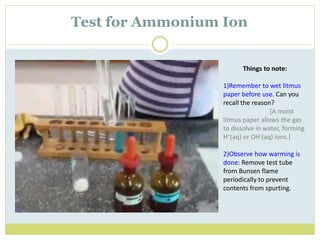 Test for Ammonium Ion
Things to note:
1)Remember to wet litmus
paper before use. Can you
recall the reason?
[A moist
litmus paper allows the gas
to dissolve in water, forming
H+(aq) or OH-(aq) ions.]
2)Observe how warming is
done: Remove test tube
from Bunsen flame
periodically to prevent
contents from spurting.
 