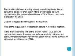 The renal tubule has the ability to vary its reabsorption of filtered
calcium to adjust for changes in intake or increased calcium
requirements. Under normal conditions, <1% of filtered calcium is
excreted in the urine.
Calcium is reabsorbed throughout the nephron;
Most of the regulation of reabsorption occurs in the distal nephron.
In the thick ascending limb of the loop of Henle (TAL), calcium
reabsorption occurs through a primarily paracellular pathway, but
active, transcellular reabsorption may occur as well during stimulation
with parathyroid hormone (PTH).
 