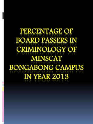 PERCENTAGE OF
BOARD PASSERS IN
CRIMINOLOGY OF
MINSCAT
BONGABONG CAMPUS
IN YEAR 2013
 