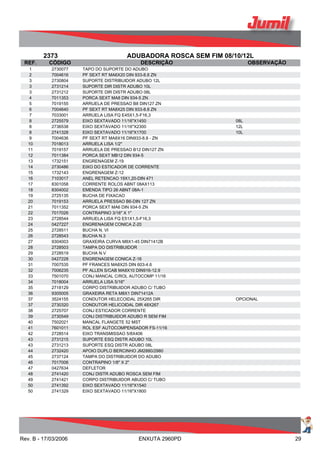 2373 ADUBADORA ROSCA SEM FIM 08/10/12L
REF. CÓDIGO DESCRIÇÃO OBSERVAÇÃO
1 2730077 TAPO DO SUPORTE DO ADUBO
2 7004616 PF SEXT RT MA6X20 DIN 933-8.8 ZN
3 2730804 SUPORTE DISTRIBUIDOR ADUBO 12L
3 2731214 SUPORTE DIR DISTR ADUBO 10L
3 2731212 SUPORTE DIR DISTR ADUBO 08L
4 7011353 PORCA SEXT MA8 DIN 934-5 ZN
5 7019155 ARRUELA DE PRESSAO B8 DIN127 ZN
6 7004640 PF SEXT RT MA8X25 DIN 933-8.8 ZN
7 7033001 ARRUELA LISA FQ E45X1,5-F16,3
8 2725579 EIXO SEXTAVADO 11/16"X1450 08L
8 2736538 EIXO SEXTAVADO 11/16"X2300 12L
8 2741328 EIXO SEXTAVADO 11/16"X1700 10L
9 7004636 PF SEXT RT MA8X16 DIN933-8.8 - ZN
10 7018013 ARRUELA LISA 1/2"
11 7019157 ARRUELA DE PRESSAO B12 DIN127 ZN
12 7011384 PORCA SEXT MB12 DIN 934-5
13 1732151 ENGRENAGEM Z-19
14 2730486 EIXO DO ESTICADOR DE CORRENTE
15 1732143 ENGRENAGEM Z-12
16 7103017 ANEL RETENCAO 19X1,20-DIN 471
17 8301058 CORRENTE ROLOS ABNT 08AX113
18 8304002 EMENDA TIPO 26 ABNT 08A-1
19 2725135 BUCHA DE FIXACAO
20 7019153 ARRUELA PRESSAO B6-DIN 127 ZN
21 7011352 PORCA SEXT MA6 DIN 934-5 ZN
22 7017026 CONTRAPINO 3/16" X 1"
23 2728544 ARRUELA LISA FQ E51X1,5-F16,3
24 0427227 ENGRENAGEM CONICA Z-20
25 2728511 BUCHA N. VI
26 2728543 BUCHA N.3
27 9304003 GRAXEIRA CURVA M8X1-45 DIN71412B
28 2728503 TAMPA DO DISTRIBUIDOR
29 2728519 BUCHA N.V
30 0427228 ENGRENAGEM CONICA Z-16
31 7007535 PF FRANCES MA8X25 DIN 603-4.6
32 7006235 PF ALLEN S/CAB MA8X10 DIN916-12.9
33 7501070 CONJ MANCAL C/ROL AUTOCOMP 11/16
34 7018004 ARRUELA LISA 5/16"
35 2718129 CORPO DISTRIBUIDOR ADUBO C/ TUBO
36 9305005 GRAXEIRA RETA M8X1 DIN71412A
37 3524155 CONDUTOR HELECOIDAL 25X265 DIR OPCIONAL
37 2730320 CONDUTOR HELICOIDAL DIR 48X267
38 2725707 CONJ ESTICADOR CORRENTE
39 2730549 CONJ DISTRIBUIDOR ADUBO R SEM FIM
40 7502021 MANCAL FLANGETE 52 MST
41 7601011 ROL ESF AUTOCOMPENSADOR FS-11/16
42 2728514 EIXO TRANSMISSAO 5/8X406
43 2731215 SUPORTE ESQ DISTR ADUBO 10L
43 2731213 SUPORTE ESQ DISTR ADUBO 08L
44 2732420 APOIO DUPLO BERCINHO JM2880/2980
45 2737124 TAMPA DO DISTRIBUIDOR DO ADUBO
46 7017006 CONTRAPINO 1/8" X 2"
47 0427634 DEFLETOR
48 2741420 CONJ DISTR ADUBO ROSCA SEM FIM
49 2741421 CORPO DISTRIBUIDOR ABUDO C/ TUBO
50 2741392 EIXO SEXTAVADO 11/16"X1540
50 2741329 EIXO SEXTAVADO 11/16"X1800
Rev. B - 17/03/2006 ENXUTA 2960PD 29
 