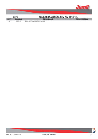 2373 ADUBADORA ROSCA SEM FIM 08/10/12L
REF. CÓDIGO DESCRIÇÃO OBSERVAÇÃO
50 2731747 EIXO SEXTAVADO 11/16"X2180
Rev. B - 17/03/2006 ENXUTA 2960PD 31
 