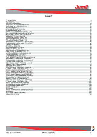 ÍNDICE
QUADRO 08/10L 6
QUADRO 12 L 8
ESTRIBO E CORRIMAO 10
EIXO RODA DE TRANSPORTE 08/10L 12
EIXO RODA DE TRANSPORTE 12L 14
RODAGEM 08/10/12L 16
CABECALHO MG/EX 08/10/12L 20
TURBINA 540RPM 08/10L 22
CARDAN HOMOCINETICO C/RODA LIVRE 24
SISTEMA PNEUM TUBULAÇÃO DE AR 08/10L 26
ADUBADORA ROSCA SEM FIM 08/10/12L 28
DOSADOR FERTISYSTEM STD 32
DEPOSITO DE FERTILIZANTE 08L 34
DEPOSITO DE FERTILIZANTE 10L 36
DEPOSITO DE FERTILIZANTE 12L 38
TRANSMISSAO DA CATRACA (STANDARD) 40
TRANSMISSAO DA CATRACA (OPCIONAL) 42
CAMBIO DO ADUBO 44
CAMBIO DA SEMENTE 46
SISTEMA HIDRAULICO 08/10L 50
SISTEMA HIDRAULICO 12L 52
MARCADOR LINHA HIDRAULICO 08L 54
MARCADOR LINHA HIDRAULICO 12L 56
MARCADOR DE LINHA HIDRAULICO 10L 58
UNIDADE SEMENTE EX CURTA 60
UNIDADE SEMENTE EX LONGA 62
UNID SEMEADORA PIVOTADA CURTA/ LONGA 64
TRANSMISSÃO DIREITA DO CARRINHO 68
TRANSMISSAO ESQUERDO DO CARRINHO 70
DISTRIBUIDOR SEMENTES 72
CONJ BANDA CONTR PROFUND 4.1/2X15 76
BANDA CONTR PROFUNDIDADE 78
CONJ COMPACTADOR "V" 80
COMPACTADOR FLUTUANTE CONCAVO 82
COMPACTADOR FLUTUANTE LISA 84
DISCO DUPLO SEMEADOR 14"-PARALELO 86
DISCO SEMEADOR 14" DESENC (R.CON) 88
DISCO SEMEADOR 14"" PARALELO (R.CON) 90
DISCO DUPLO SEMEADOR 14" - DESENC 92
CONJ BANDA CONTROLE PROFUNDIDADE 94
BANDA COMPACTADORA CONCAVA 96
BANDA COMPACTADORA LARGA 98
COMPACTADOR FLUTUANTE EM "V" REG 100
COMPACTADOR FLUTUANTE EM "V" 102
BANDA CONTROLE PROFUNDIDADE 106
KIT COBRIDOR ADUBO COM DISCO 108
KIT COBRIDOR/ VARREDOR 110
DISCO CORTE 17" 112
ADUBADOR 114
DISCO ADUBADOR 15" - DESENCONTRADO 116
SULCADOR 118
SULCADOR LONGO (OPCIONAL) 120
COLANTES 08/10/12L 122
Rev. B - 17/03/2006 ENXUTA 2960PD 5
 