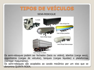 TIPOS DE VEÍCULOS
SEMI-REBOQUE
Os semi-reboques podem ser fechados (baús ou siders), abertos (carga seca),
cegonheiros (cargas de veículos), tanques (cargas liquidas) e plataformas
(carregar maquinários).
Os semi-reboques são acoplados ao cavalo mecânico por um eixo que se
denomina QUINTA RODA.
 