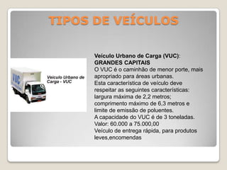 TIPOS DE VEÍCULOS
Veículo Urbano de Carga (VUC):
GRANDES CAPITAIS
O VUC é o caminhão de menor porte, mais
apropriado para áreas urbanas.
Esta característica de veículo deve
respeitar as seguintes características:
largura máxima de 2,2 metros;
comprimento máximo de 6,3 metros e
limite de emissão de poluentes.
A capacidade do VUC é de 3 toneladas.
Valor: 60.000 a 75.000,00
Veículo de entrega rápida, para produtos
leves,encomendas
 