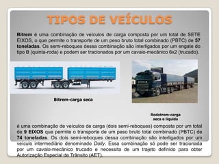 TIPOS DE VEÍCULOS
é uma combinação de veículos de carga (dois semi-reboques) composta por um total
de 9 EIXOS que permite o transporte de um peso bruto total combinado (PBTC) de
74 toneladas. Os dois semi-reboques dessa combinação são interligados por um
veículo intermediário denominado Dolly. Essa combinação só pode ser tracionada
por um cavalo-mecânico trucado e necessita de um trajeto definido para obter
Autorização Especial de Trânsito (AET).
Bitrem é uma combinação de veículos de carga composta por um total de SETE
EIXOS, o que permite o transporte de um peso bruto total combinado (PBTC) de 57
toneladas. Os semi-reboques dessa combinação são interligados por um engate do
tipo B (quinta-roda) e podem ser tracionados por um cavalo-mecânico 6x2 (trucado).
Bitrem-carga seca
Rodotrem-carga
seca e liquida
 