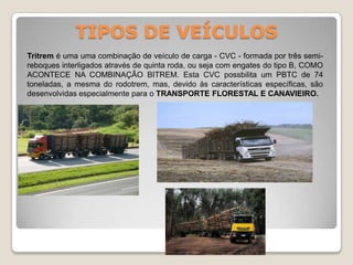 TIPOS DE VEÍCULOS
Tritrem é uma uma combinação de veículo de carga - CVC - formada por três semi-
reboques interligados através de quinta roda, ou seja com engates do tipo B, COMO
ACONTECE NA COMBINAÇÃO BITREM. Esta CVC possbilita um PBTC de 74
toneladas, a mesma do rodotrem, mas, devido às características específicas, são
desenvolvidas especialmente para o TRANSPORTE FLORESTAL E CANAVIEIRO.
 