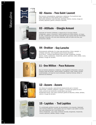 V
02 - Kouros Yves Saint-
-
-
-
-
-
Laurent
Para homens conquistadores, audaciosos e sedutores. É um perfume mais
suave, ideal para um clima quente como o do Brasil.
Suas notas combinam cravo-da-índia, artemísia, coentro, incenso, musgo de
carvalho, patchouli, jasmim, almíscar e baunilha.
11 - One Million Paco Rabanne
Para os homens sedutores e modernos, uma fragrância refrescante e sensual.
Combina notas de pomelo, menta picante, mandarina, rosas, canela, acordes
condimentados, um toque do couro aveludado, madeiras brancas, âmbar e
patchouli da Indonésia.
12 - Azzaro Azzaro
Um clássico da sedução, especialmente desenvolvido para o homem
determinado, confiante, elegante e sedutor. O homem que gosta de correr
riscos, procurar por aventuras e ainda deixar sua marca.
Amadeirado frescal, suas notas combinam gerânio de Bourbon, âmbar, sândalo,
vetiver e musgo de carvalho.
Inspirado em homens confiantes, e seguros de si e de seus valores.
Amadeirado , possui a marcante e natural essência do limão siciliano, um toque
do café, e cardamomo que revela a extensão de sua riqueza cheia de intensidade.
Associado à lavanda, cria uma nota misteriosa, além do cedro da china, que
acrescenta a atitude.
03 - Attitude Giorgio Armani
04 - Drakkar Guy Laroche
Extremamente sofisticado, foi criado para personificar a força, sedução e
virilidade masculina. Uma fragrância para homens decididos.
Flor al cítrico , combina estimulantes notas de limão, bergamota, lavanda,
alecrim, canela, cardamomo, manjericão, jasmim, patchouli, cedro, âmbar, couro,
sândalo e musgo de carvalho.
Masculino
15 - Lapidus Ted Lapidus
É a combinação perfeita do poder da sensualidade e da conquista. Idealizado
para homens dinâmicos, preocupados com sua imagem e que sabem conciliar
sua vida profissional com o seu tempo livre.
uas notas combinam lavanda, bergamota, manjericão,Cítrico amadeirado, s
incenso, patchouli, sândalo, âmbar e musgo.
I
A
d
A
a
 