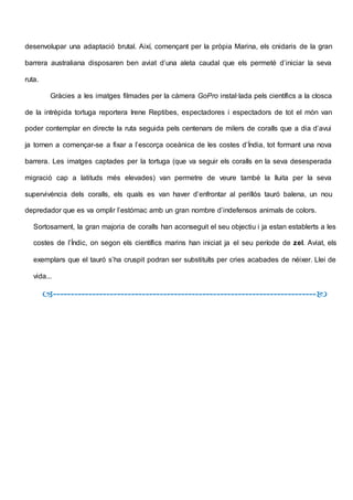 desenvolupar una adaptació brutal. Així, començant per la pròpia Marina, els cnidaris de la gran
barrera australiana disposaren ben aviat d’una aleta caudal que els permeté d’iniciar la seva
ruta.
Gràcies a les imatges filmades per la càmera GoPro instal·lada pels científics a la closca
de la intrèpida tortuga reportera Irene Reptibes, espectadores i espectadors de tot el món van
poder contemplar en directe la ruta seguida pels centenars de milers de coralls que a dia d’avui
ja tornen a començar-se a fixar a l’escorça oceànica de les costes d’Índia, tot formant una nova
barrera. Les imatges captades per la tortuga (que va seguir els coralls en la seva desesperada
migració cap a latituds més elevades) van permetre de veure també la lluita per la seva
supervivència dels coralls, els quals es van haver d’enfrontar al perillós tauró balena, un nou
depredador que es va omplir l’estómac amb un gran nombre d’indefensos animals de colors.
Sortosament, la gran majoria de coralls han aconseguit el seu objectiu i ja estan establerts a les
costes de l’Índic, on segon els científics marins han iniciat ja el seu període de zel. Aviat, els
exemplars que el tauró s’ha cruspit podran ser substituïts per cries acabades de néixer. Llei de
vida...
--------------------------------------------------------------------------
 