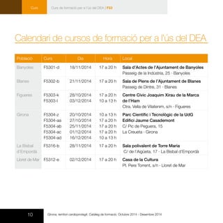 10 Girona, territori cardioprotegit. Catàleg de formació. Octubre 2014 - Desembre 2014
Curs
Calendari de cursos de formació per a l’ús del DEA
Població Curs Dia Hora Local
Banyoles F5301-d 18/11/2014 17 a 20 h Sala d’Actes de l’Ajuntament de Banyoles
Passeig de la Indústria, 25 · Banyoles
Blanes F5302-b 21/11/2014 17 a 20 h Sala de Plens de l’Ajuntament de Blanes
Passeig de Dintre, 31 · Blanes
Figueres F5303-k
F5303-l
28/10/2014
03/12/2014
17 a 20 h
10 a 13 h
Centre Cívic Joaquim Xirau de la Marca
de l’Ham
Ctra. Vella de Vilatenim, s/n · Figueres
Girona F5304-z
F5304-aa
F5304-ab
F5304-ac
F5304-ad
20/10/2014
27/10/2014
25/11/2014
01/12/2014
16/12/2014
10 a 13 h
17 a 20 h
17 a 20 h
17 a 20 h
10 a 13 h
Parc Científic i Tecnològic de la UdG
Edifici Jaume Casademont 	
C/ Pic de Peguera, 15
La Creueta · Girona
La Bisbal
d’Empordà
F5316-b 28/11/2014 17 a 20 h Sala polivalent de Torre Maria
C/ de l’Aigüeta, 17 · La Bisbal d’Empordà
Lloret de Mar F5312-e 02/12/2014 17 a 20 h Casa de la Cultura
Pl. Pere Torrent, s/n · Lloret de Mar
Curs de formació per a l’ús del DEA | F53
 