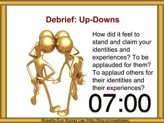 Debrief: Up-Downs 
How did it feel to 
stand and claim your 
identities and 
experiences? To be 
applauded for them? 
To applaud others for 
their identities and 
their experiences? 
Rosetta Eun Ryong Lee (http://tiny.cc/rosettalee) 
 