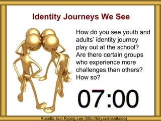 Identity Journeys We See 
How do you see youth and 
adults’ identity journey 
play out at the school? 
Are there certain groups 
who experience more 
challenges than others? 
How so? 
Rosetta Eun Ryong Lee (http://tiny.cc/rosettalee) 
 