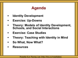 Agenda 
 Identity Development 
 Exercise: Up-Downs 
 Theory: Models of Identity Development, 
Schools, and Social Interactions 
 Exercise: Case Studies 
 Theory: Teaching with Identity in Mind 
 So What, Now What? 
 Resources 
Rosetta Eun Ryong Lee (http://tiny.cc/rosettalee) 
 