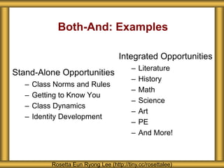 Both-And: Examples 
Stand-Alone Opportunities 
– Class Norms and Rules 
– Getting to Know You 
– Class Dynamics 
– Identity Development 
Integrated Opportunities 
– Literature 
– History 
– Math 
– Science 
– Art 
– PE 
– And More! 
Rosetta Eun Ryong Lee (http://tiny.cc/rosettalee) 
 