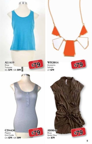 5
AL1419
Blusa
Turquesa
XG: $79 / GR: $99
DESDE
$79
CD4430
Playera
Gris Chofer
CH: $79 / GR: $99
DESDE
$79
WH3014
Accesorio
Salmón
UT: $79
DESDE
$79
AK0643
Blusa
Verde Olivo
CH: $79
DESDE
$79
 