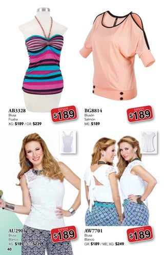 40
AB3328
Blusa
Fiusha
XG: $189 / GR: $239
DESDE
$189
AU2901
Blusa
Blanco
XG: $189 / GR: $239
DESDE
$189
BG8814
Blusón
Salmón
ME: $189
DESDE
$189
AW7701
Blusa
Blanco
GR: $189 / ME, XG: $249
DESDE
$189
 