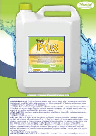 Tesh


                                                                                                                                             Z


                                 INDICAÇÃO DE USO: A Cera Líquida Poli Plus anti-derapante é uma cera resinada que confere ao piso, brilho de molhado deixando como novo.
                             Moderna e rica em dispersão acrílico metalizado, que forma uma película transparente protetora e resistente a água morna e aranhões, deixará sua casa
                                                              ou escritório muito mais agradável. Limpe bem a superfície com ultra jat's limpa cerâmica.
                              E após a superfície estar completamente seca utilize a cera Poli Plus anti-derapante com pano espalhando sobre a face do piso e aguardar a secagem
                                                                        por 10 minutos para uma melhor qualidade passar ao piso 3x (vezes).
                                                 COMPONENTES: Carnaúba, Parafina, querosene, nivelador, emulgador, umectante, conservante , essência e H2O
                                                                                            ATIVO: carnaúba, querosene.
                                                                   PRECAUÇÕES: Não ingerir. Evite inalação ou aspiração e contatos com olhos.
                                 Conserve fora do alcance das crianças e animais domésticos. Em caso de contato com olhos, lave-os com água corrente durante 15 minutos e se
                             houver sinais de irritação procure um medico. Em caso de contato com a pele lave as parte atingida lave com água com abundancia, não dê nada por via
                                   oral a uma pessoa inconsciente em caso de ingestão acidental, não provoque vômito e consulte de imediato o centro regional de assistência
                              toxicológica do estado de mato-grosso ou serviço de saúde mais próximo, levando a embalagem ou rótulo em caso de inalação ou aspiração remova a
                                                                pessoa para local arejado e se houver sinais de intoxicação chame socorro imediato.
                             PRECAUÇÕES DE USO: Produto de uso profissional, usar botas luvas, óculos enfim EPI para manuseá-lo. Em caso de ingestão procurar o médico com
                                                                                                 o rótulo do produto.

                            USE SEMPRE OS
                          EPI`s NECESSÁRIOS.                                                                                                                         SAC
                        BOM PARA SUA EMPRESA,                                                                                                                   (065) 3667-2351
                                                                                                                                                                (065) 9952-2027
                          MELHOR PARA VOCÊ.
                                                                      www.triunfalquimica.com.br
                                                                                                               Batista e Batista de Souza Indústria e Comércio - ME
                                                LOTE DO PRODUTO                                                CNPJ - 07.221.788/0001-05
                                                                                                               End. Rua 22, N° 50
                                                                                                               Bairro Pedra 90 - Cuiabá - MT
                                                 VALIDADE: 3 ANOS A PARTIR DA                                  Produto Notificado pela Vigilância Sanitária
                                                     DATA DE FABRICAÇÃO:                                       Químico Responsável: Paulo C. F. Silva CRQ16.400.188 XVI Região

                                 5 lts                          20 lts                     50 lts                      100 lts                       200 lts




                     5 lts                                  20 lts                                  50 lts                                   100 lts                                 200 lts




INDICAÇÃO DE USO: TeshPlus foi desenvolvido para limpeza rápida e fácil em carpetes e estofados
utensilios em geral. O produto deve ser diluido em 500ml para cada 5 LT de Água, após diluido sobre
agitação criará uma grande camada de espuma.
Aplicação: Para estofados. Pegar a espuma e flexioinar sobre o tecido e com um pano flexionar fazendo
a limpeza, em seguida pegar um pano umidecer e repetir o processo. Em carpetes pulverizar sobre o
mesmo e em seguida escovalo, após remover o excesso.
COMPONENTES: Agente de odorização espessante, estabilizante de solução, conservante corante e
fixador, Bultilgricol
ATIVO: Bultilgricol e sufonico.
PRECAUÇÕES: Não ingerir. Evite inalação ou aspiração e contatos com olhos. Conserve fora do
alcance das crianças e animais domésticos. Em caso de contato com olhos, lave-os com água corrente
durante 15 minutos e se houver sinais de irritação procure um médico. Em caso de contato com a pele
lave as parte atingida lave com água em abundância, não dê nada por via oral a uma pessoa
inconsciente em caso de ingestão acidental, não provoque vômito e consulte de imediato o centro
regional de assistência toxicológica do estado de mato-grosso ou serviço de saúde mais próximo,
levando a embalagem ou rótulo em caso de inalação ou aspiração remova a pessoa para local arejado e
se houver sinais de
 intoxicação chame socorro imediato.
PRECAUÇÕES DE USO: Produto de uso profissional, usar botas luvas, óculos enfim EPI para manuseá-lo.
 