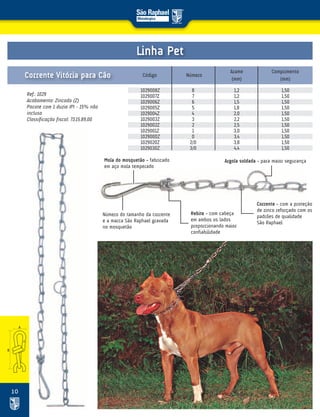 10
Ref.: 1029
Acabamento: Zincado (Z)
Pacote com 1 duzia IPI – 15% não
incluso
Classificação fiscal: 73.15.89.00
1029008Z 8 1,2 1,50
1029007Z 7 1,2 1,50
1029006Z 6 1,5 1,50
1029005Z 5 1,8 1,50
1029004Z 4 2,0 1,50
1029003Z 3 2,2 1,50
1029002Z 2 2,5 1,50
1029001Z 1 3,0 1,50
1029000Z 0 3,4 1,50
1029020Z 2/0 3,8 1,50
1029030Z 3/0 4,4 1,50
Código Número
Arame
(mm)
Comprimento
(mm)
Corrente Vitória para Cão
Mola do mosquetão - fabricado
em aço mola temperado
Argola soldada - para maior segurança
Número do tamanho da corrente
e a marca São Raphael gravada
no mosquetão
Rebite - com cabeça
em ambos os lados
proporcionando maior
confiabilidade
Corrente - com a proteção
de zinco reforçado com os
padrões de qualidade
São Raphael
Linha Pet
 