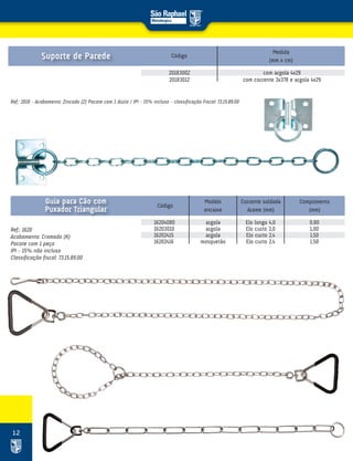 12
Ref.: 1620
Acabamento: Cromado (K)
Pacote com 1 peça
IPI – 15% não incluso
Classificação fiscal: 73.15.89.00
16204080 argola Elo longo 4,0 0,80
16203010 argola Elo curto 3,0 1,00
16202415 argola Elo curto 2,4 1,50
16202416 mosquetão Elo curto 2,4 1,50
Código
Modelo
encaixe
Corrente soldada
Arame (mm)
Comprimento
(mm)
Guia para Cão com
Puxador Triangular
Ref.: 2018 – Acabamento: Zincado (Z) Pacote com 1 dúzia / IPI – 15% incluso – classificação Fiscal: 73.15.89.00
Código
Medida
(mm x cm)
2018300Z com argola 4x29
2018301Z com corrente 3x378 e argola 4x29
Suporte de Parede
 