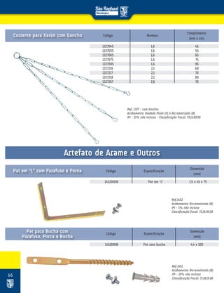 16
Ref.: 1327 – com Gancho
Acabamento: Oxidado Preto (O) e Bicromatizado (B)
IPI – 15% não incluso – Classificação Fiscal: 73.15.89.00
Ref.:1452
Acabamento: Bicromatizado (B)
IPI – 5% não incluso
Classificação fiscal: 73.26.90.90
Ref.:1451
Acabamento: Bicromatizado (B)
IPI – 10% não incluso
Classificação Fiscal: 73.18.19.00
Código
Código
Código
Número
Especificação
Especificação
Comprimento
(mm x cm)
Dimensão
(mm)
Dimensão
(mm)
1327045 1,6 45
1327055 1,6 55
1327065 1,6 65
1327075 1,6 75
1327085 1,6 85
1327216 2,1 60
1327217 2,1 70
1327218 2,1 80
1327267 2,6 70
1452000B Pat em “L” 1,5 x 45 x 75
1451000B Pat com bucha 4,4 x 100
Corrente para Xaxim com Gancho
Pat em “L” com Parafuso e Porca
Pat para Bucha com
Parafuso, Porca e Bucha
Artefato de Arame e Outros
 