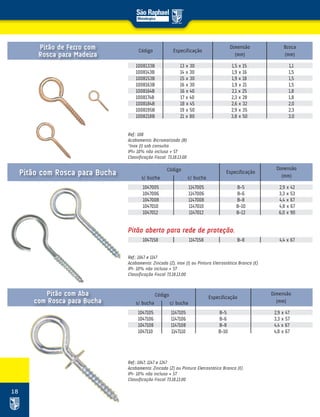 18
Ref.: 108
Acabamento: Bicromatizado (B)
*Inox (I) sob consulta
IPI= 10% não incluso + ST
Classificação Fiscal: 73.18.13.00
Ref.: 1047 e 1147
Acabamento: Zincado (Z), inox (I) ou Pintura Eletrostática Branca (E)
IPI- 10% não incluso + ST
Classificação Fiscal 73.18.13.00
Pitão aberto para rede de proteção.
Ref.: 1047, 1147 e 1247
Acabamento: Zincado (Z) ou Pintura Eletrostática Branca (E)
IPI- 10% não incluso + ST
Classificação Fiscal 73.18.13.00
1008133B 13 x 30 1,5 x 15 1,1
1008143B 14 x 30 1,9 x 16 1,5
1008153B 15 x 30 1,9 x 18 1,5
1008163B 16 x 30 1,9 x 21 1,5
1008164B 16 x 40 2,1 x 25 1,8
1008174B 17 x 40 2,3 x 28 1,8
1008184B 18 x 45 2,6 x 32 2,0
1008195B 19 x 50 2,9 x 35 2,3
1008218B 21 x 80 3,8 x 50 3,0
Pitão de Ferro com
Rosca para Madeira
Pitão com Rosca para Bucha
Pitão com Aba
com Rosca para Bucha
Dimensão
(mm)
Broca
(mm)
Código Especificação
1047005 1147005 B-5 2,9 x 42
1047006 1147006 B-6 3,3 x 53
1047008 1147008 B-8 4,4 x 67
1047010 1147010 B-10 4,8 x 67
1047012 1147012 B-12 6,0 x 90
1047158 1147158 B-8 4,4 x 67
Dimensão
(mm)
EspecificaçãoCódigo
c/ buchas/ bucha
1047105 1147105 B-5 2,9 x 47
1047106 1147106 B-6 3,3 x 57
1047108 1147108 B-8 4,4 x 67
1047110 1147110 B-10 4,8 x 67
Dimensão
(mm)
EspecificaçãoCódigo
c/ buchas/ bucha
 