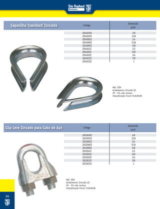 26
Ref.: 2014
Acabamento: Zincado (Z)
IPI – 5% não incluso
Classificação Fiscal 73.26.90.90
Ref.: 2014
Acabamento: Zincado (Z)
IPI – 5% não incluso
Classificação Fiscal 73.26.90.90
Código
Código
Dimensão
(pol)
Dimensão
(pol)
2014030Z 1/8
2014050Z 3/16
2014065Z 1/4
2014080Z 5/16
2014095Z 3/8
2014012Z 1/2
2014015Z 5/8
2014019Z 3/4
2014022Z 7/8
2014025Z 1
2013030Z 1/8
2013050Z 3/16
2013065Z 1/4
2013080Z 5/16
2013095Z 3/8
2013012Z 1/2
2013015Z 5/8
2013019Z 3/4
2013022Z 7/8
2013025Z 1
Sapatilha Standard Zincada
Clip Leve Zincado para Cabo de Aço
 
