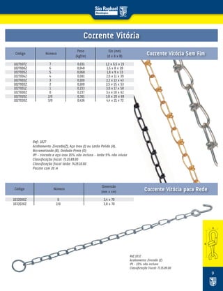 9
Ref.: 1027
Acabamento: Zincado(Z), Aço Inox (I) ou Latão Polido (A),
Bicromatizado (B), Oxidado Preto (O)
IPI – zincado e aço inox 15% não incluso – latão 5% não inluso
Classificação fiscal: 73.15.89.00
Classificação fiscal latão: 74.19.10.00
Pacote com 20 m
1027007Z 7 0,031 1,2 x 6,5 x 23
1027006Z 6 0,048 1,5 x 8 x 28
1027005Z 5 0,068 1,8 x 9 x 33
1027004Z 4 0,081 2,0 x 11 x 39
1027003Z 3 0,100 2,2 x 13 x 43
1027002Z 2 0,180 2,5 x 15 x 53
1027001Z 1 0,233 3,0 x 17 x 58
1027000Z 0 0,237 3,4 x 18 x 62
1027020Z 2/0 0,301 3,8 x 20 x 69
1027030Z 3/0 0,436 4,4 x 21 x 72
Código Número
Peso
(kgf/m)
Elo (mm)
(d x A x B)
Corrente Vitória Sem Fim
Código Número
Dimensão
(mm x cm)
1032000Z 0 3,4 x 70
1032020Z 2/0 3,8 x 70
Corrente Vitória para Rede
Ref.:1032
Acabamento: Zincado (Z)
IPI – 15% não incluso
Classificação Fiscal: 73.15.89.00
Corrente Vitória
 