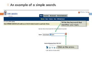 An example of a simple search: Write the keyword that identifies your topic.  Click on the arrow. 