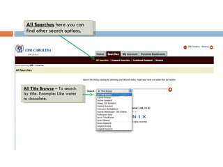 All Searches  here you can find other search options. All Title Browse   – To search by title. Example: Like water to chocolate. 