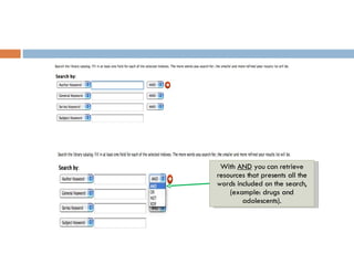 With  AND  you can retrieve resources that presents all the words included on the search, (example: drugs and adolescents). 