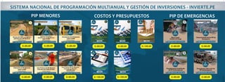 SISTEMA NACIONAL DE PROGRAMACIÓN MULTIANUAL Y GESTIÓN DE INVERSIONES - INVIERTE.PE
PIP MENORES COSTOS Y PRESUPUESTOS PIP DE EMERGENCIAS
S/.80.00 S/.80.00 S/.80.00 S/.80.00
S/.80.00 S/.80.00 S/.80.00 S/.100.00 S/.100.00 S/.80.00 S/.80.00
S/.80.00S/.100.00 S/.80.00S/.80.00
 