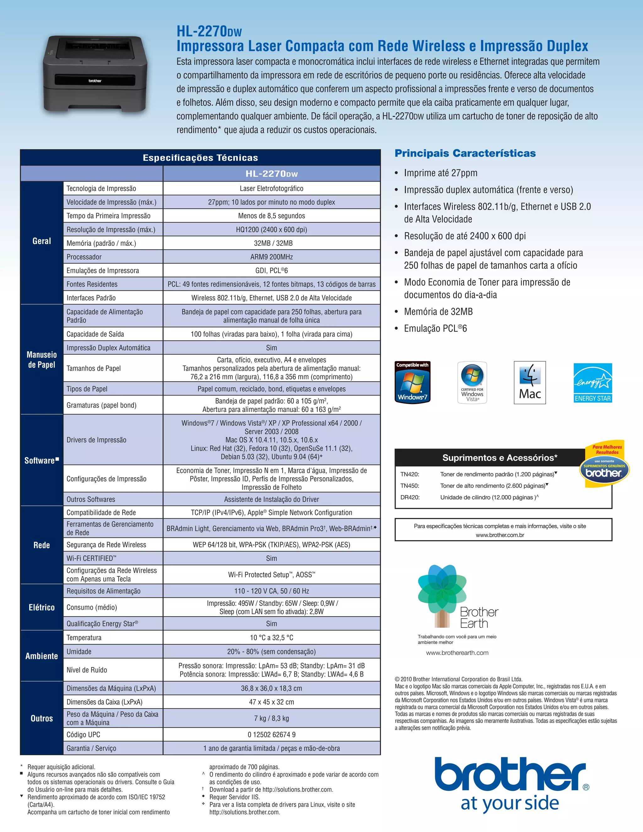 Catálogo impressora Brother HL2270 dw PDF Download Gratuito