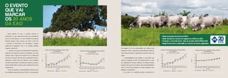 O EVENTO
QUE VAI
MARCAR
OS 20 ANOS
DA EAO
• Maior fornecedor de touros do PNAT
• Maior fazenda em número de registros na ABCZ em 2013
• Produziu o Touro Nevi EAO - líder do sumário ABCZ/PMGZ 2013
• Mega Evento será o maior leilão em número de touros registrados
Nesses últimos 20 anos, a pecuária nacional se
modernizou e o que representava apenas uma atividade de
reserva de valor passou a ser uma atividade de produção
bastante lucrativa. Nesse contexto, em 1994, a EAO teve
a iniciativa de desenvolver com tecnologia o negócio
agropecuário, agregando valor a seu produto, gerando
riquezas e renda local.
A geração de riquezas está diretamente relacionada à
melhoria das condições sociais da comunidade e do meio
ambiente onde o negócio está inserido. Esse é o diferencial
da EAO no mercado: além de aliar componentes sociais e
ambientais à matriz dos seus negócios, toda e qualquer
atividade desenvolvida é norteada pelo respeito às pessoas,
pela prioridade dada ao cliente e pelo o espírito de servir dos
colaboradores.
No que diz respeito à responsabilidade ambiental, uma
das atividades desenvolvidas pela EAO foi a recomposição
das margens de rios das propriedades que vinham sendo
adquiridas. Foram recuperados aproximadamente 40km de
mata ciliar, permitindo a regeneração de espécies nativas da
região.
A responsabilidade social também é uma prática que
norteia as atividades da EAO. Na Fazenda Baviera, as casas
dos colaboradores são boas residências. Na própria Fazenda,
funciona uma escola com 16 alunos, onde são disponibilizados
todos os recursos para garantir um ensino adequado como
biblioteca e computadores.
Lá se pode ver a atividade pecuária convivendo em
Gráfico de Evolução do Rebanho Nelore: MP120
AG MAR/2014
PO / Machos e Fêmeas / Padrão
2003 2004 2005 2006 2007 2008 2009 2010 2011 2012
2.0
1.5
1.0
0.5
0.0
SAFRA
Fazenda Baviera
MP120
Programa Fazendas G2
Gráfico de Evolução do Rebanho Nelore: MGT
AG MAR/2014
PO / Machos e Fêmeas / Padrão
2003 2004 2005 2006 2007 2008 2009 2010 2011 2012
11
9
7
5
3
SAFRA
Fazenda Baviera
MGT
Programa Fazendas G2
Gráfico de Evolução do Rebanho Nelore: DP365
AG MAR/2014
PO / Machos e Fêmeas / Padrão
2003 2004 2005 2006 2007 2008 2009 2010 2011 2012
12
10
8
6
4
SAFRA
Fazenda Baviera
DP365
Programa Fazendas G2
Gráfico de Evolução do Rebanho Nelore: DPE365
AG MAR/2014
PO / Machos e Fêmeas / Padrão
2003 2004 2005 2006 2007 2008 2009 2010 2011 2012
1.0
0.5
0.0
-0.5
-1.0
SAFRA
Fazenda Baviera
DPE365
Programa Fazendas G2
 