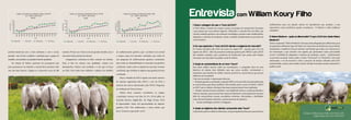 1. Qual a vantagem de usar o Touro da EAO?
A EAO utiliza o sistema de criação a pasto, em grupos de manejo bem formados
e que passam por uma seleção rigorosa. Utilizando o conceito Boi com Bula, que
concilia avaliação genética com avaliação morfológica, produz touros melhoradores
adaptados a sistemas de produção a pasto, condição predominante na pecuária de
corte brasileira.
2. Em que aspectos o Touro da EAO atende a exigência do mercado?
Os Touros ofertados pela EAO são puros de origem PO - passam pelo crivo do
registro da ABCZ - além de possuírem avaliação genética pelo PMGZ e pela ANCP.
São também avaliados pela consultoria da BrasilcomZ que prima pelo biotipo
funcional, sem descuidar do padrão racial do Nelore.
3. Quais as características de um bom Touro?
Para obter melhor retorno sobre seu investimento, o comprador deve ter seus
objetivos de seleção bem definidos para que possa escolher corretamente o
reprodutor que atenderá da melhor maneira possível as características que precisa
melhorar em seu plantel.
Com isso em mente, é interessante observar:
• Avaliaçãogenética,analisandoaréguadeDEPscomoumtodomasprincipalmente
as características que deseja melhorar. Para facilitar, pode-se usar os índices iABCZ
ou MGT que se aliados a biotipos funcionais proporcionam bons resultados;
• Biotipo: animais de porte mediano, com amplitude torácica, costelas profundas e
volume muscular, que possuam bons aprumos dianteiros e principalmente traseiros
além de características sexuais secundárias evidentes, relacionadas a fertilidade,
como desenvolvimento testicular e posicionamento de prepúcio.
• Exame andrológico positivo é obrigação;
4. Quais os objetivos dos clientes comprando este Touro?
Cadaclientepodeterobjetivosdiferentes,masprincipalmentebuscamcaracterísticas
melhoradoras para seu plantel, através de reprodutores que atendam a suas
expectativas, tanto produtivas quanto econômicas. O objetivo é obter melhores
resultados.
5. Nelore Moderno - quais os diferenciais? O que a EAO tem deste Nelore
Moderno?
Talvez a expressão “Nelore Moderno” não seja a mais adequada para utilizarmos, pois
já representou diferentes tipos de Nelore em várias fases da história da raça no Brasil.
Atualmente, a tendência é buscar animais com biotipo que tende a ser mais precoce
em terminação e que coincide com aqueles que apresentam maior precocidade
sexual e facilidade de adaptação a sistemas de produção a pasto – predominante
na pecuária nacional. Assim sendo, o termo “Funcional” ou “Produtivo” seria mais
interessante, e vai de encontro a todo o processo de seleção realizado pela EAO:
produtividade a pasto, precocidade sexual e biotipo funcional, sempre mantendo o
padrão racial.
Entrevista com William Koury Filho
Dúvidas: William Koury Filho (16) 9 8122 2255
Angela Bittencourt (16) 9 8210 0770
perfeita harmonia com o meio ambiente e com o social,
gerando não só boas condições e satisfação para a equipe de
trabalho, mas também um produto final de qualidade.
Na seleção de Nelore, partimos do pressuposto que
para permanecer no rebanho, o animal deve produzir todo
ano um bom bezerro. Chegou-se a descartar cerca de 500
matrizes PO por ano. Trata-se de um grande rebanho, mas é
necessário fazer pressão de seleção.
Antigamente, costumava-se falar somente em volume.
Hoje se fala em volume com qualidade, volume com
desempenho, volume com resultado e é isso que se busca
na EAO. Está muito bem definido o objetivo do trabalho
de melhoramento genético, que é produzir um animal
a campo, capaz de transmitir resultados, que venha de
um programa de melhoramento genético consistente,
para então ser disponibilizada no mercado essa genética
certificada. Assim como se adquire da soja uma semente
certificada, aqui também se adquire uma genética bovina
certificada.
Hoje o rebanho da EAO é aquele com maior número
de animais registrados pela ABCZ e vem da EAO a
maioria dos touros selecionados pelo PNAT, Programa
de Avaliação de Touros Jovens.
Dentro desse contexto, convidamos os amigos
a participar conosco, nos dias 18, 19 e 20 de julho, na
Fazenda Baviera, Itagibá-BA, do Mega Evento EAO
& Japaranduba. Serão mil oportunidades de adquirir
genética EAO. Nós melhoramos e nosso cliente que
lucra. Estamos esperando vocês!
Gráfico de Evolução do Rebanho Nelore: PM-ED
AG - ABCZ | 2013/2014
2013
2012
2011
2010
2009
2008
2007
2006
2005
2004
2003
2002
2001
2000
1999
1998
14
12
10
8
6
4
2
0
VALOREMKG
ANO
Média Reb. Média RaçaTend. Reb. Tend. Raça
PM-ED
Gráfico de Evolução do Rebanho Nelore: PS-ED
AG - ABCZ | 2013/2014
2013
2012
2011
2010
2009
2008
2007
2006
2005
2004
2003
2002
2001
2000
1999
1998
40
30
20
10
0
VALOREMKG
ANO
Média Reb. Média RaçaTend. Reb. Tend. Raça
PS-ED
Gráfico de Evolução do Rebanho Nelore: PES
AG - ABCZ | 2013/2014
2013
2012
2011
2010
2009
2008
2007
2006
2005
2004
2003
2002
2001
2000
1999
1998
1
0,8
0.6
0.4
0.2
0
-0.2
-0.4
-0.6
VALOREMCM
ANO
Média Reb. Média RaçaTend. Reb. Tend. Raça
PES
 