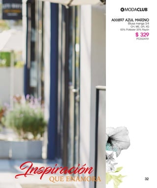 InspiraciónQUE ENAMORA
A00897 AZUL MARINO
Blusa manga 3/4
CH, ME, GR, XG
65% Poliéster 35% Rayón
$ 329
PC5524741
32
 