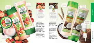 





125124
O nutritivo Óleo de
Amêndoas Doces e
o antioxidante Extrato de
Morango são combinados
especiﬁcamente para
manter a sua coloração
vibrante durante mais
tempo!
AMÊNDOA
E MORANGO
 Champô para Cabelo
Seco e Daniﬁcado com
Trigo e Coco Nature
Secrets 250 ml.
21860 €6,00 €3,95
 Condicionador para
Cabelo Seco e
Daniﬁcado com Trigo e
Coco Nature Secrets
250 ml.
21862 €6,00
€3,95
 Óleo Quente para
Cabelo Seco e Daniﬁcado
com Trigo e Coco Nature
Secrets 15 ml.
22698 €3,00 €1,95
Ajuda a proteger
e a intensiﬁcar
a coloração
Limpa
delicadamente
ao mesmo tempo
que preserva
a coloração
Confere
suavidade
e proteção

A fórmula
protetora perfeita
para o cabelo
seco e daniﬁcado!
Suaviza e nutre,
deixando o cabelo
saudável e
supersuave
Tratamento especial
com óleo quente
para realçar
maravilhosamente
o brilho
Os grãos dourados de
trigo contêm Proteínas
que penetram na
superfície do cabelo para
o proteger e fortalecer.
O Óleo de Coco contém
Vitaminas antioxidantes
que hidratam e suavizam
o cabelo.
TRIGO
E COCO
www.oriﬂame.ptNATUREZA
 Champô Protetor de
Coloração com Óleo de
Amêndoa e Morango
Nature Secrets 250 ml.
30357 €6,00 €3,95
 Condicionador Protetor
de Coloração com Óleo de
Amêndoa e Morango
Nature Secrets 250 ml.
30358 €6,00 €3,95
 Máscara Capilar
Protetora de Coloração
com Óleo de Amêndoa e
Morango Nature Secrets
150 ml.
30360 €7,00 €4,95
 