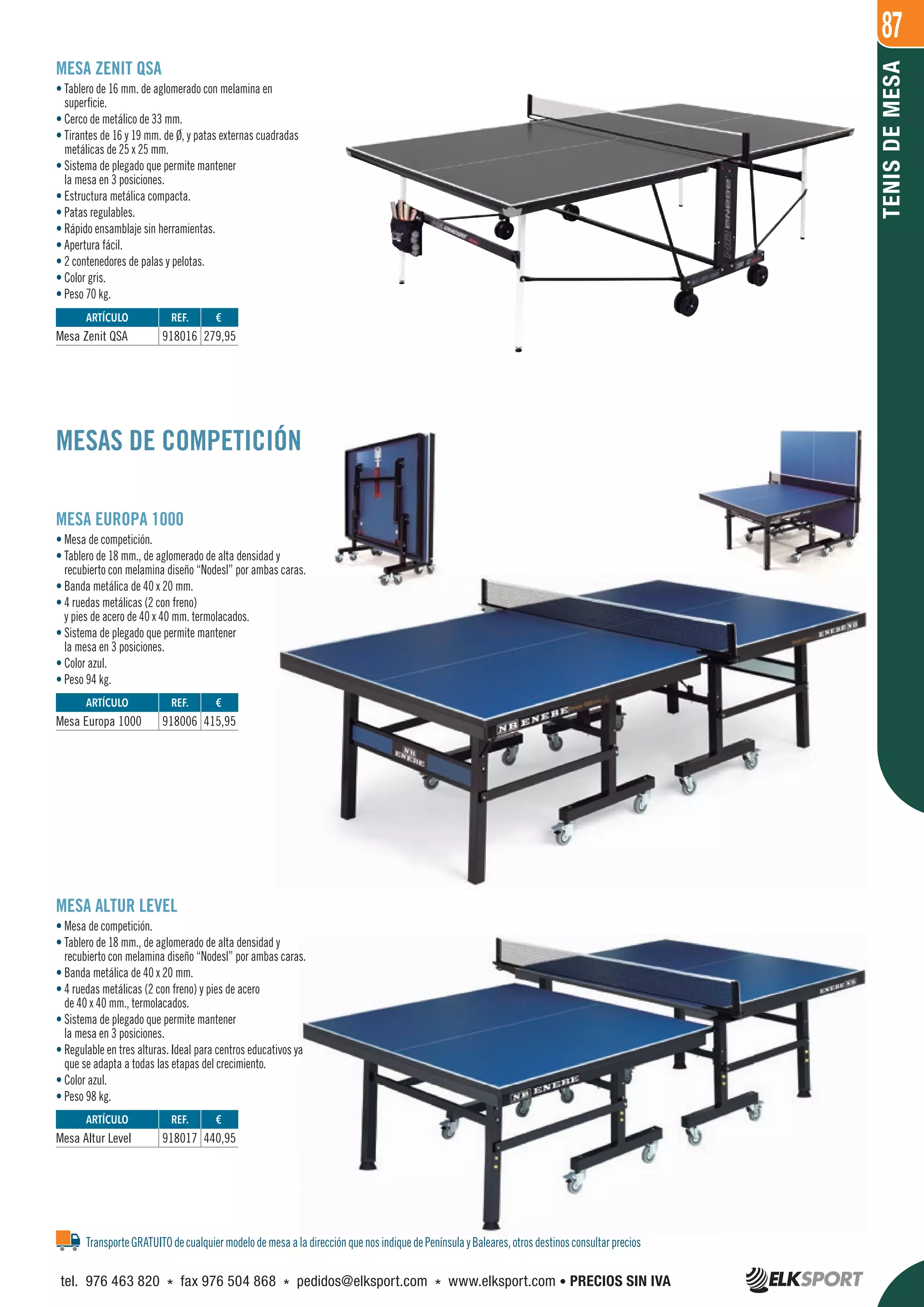 87
TENISDEMESA
TransporteGRATUITOdecualquiermodelodemesaaladirecciónquenosindiquedePenínsulayBaleares,otrosdestinosconsultarprecios
MESAS DE COMPETICIÓN
MESA EUROPA 1000
• Mesa de competición.
• Tablero de 18 mm., de aglomerado de alta densidad y
recubierto con melamina diseño “Nodesl” por ambas caras.
• Banda metálica de 40 x 20 mm.
• 4 ruedas metálicas (2 con freno)
y pies de acero de 40 x 40 mm. termolacados.
• Sistema de plegado que permite mantener
la mesa en 3 posiciones.
• Color azul.
• Peso 94 kg.
MESA ALTUR LEVEL
• Mesa de competición.
• Tablero de 18 mm., de aglomerado de alta densidad y
recubierto con melamina diseño “Nodesl” por ambas caras.
• Banda metálica de 40 x 20 mm.
• 4 ruedas metálicas (2 con freno) y pies de acero
de 40 x 40 mm., termolacados.
• Sistema de plegado que permite mantener
la mesa en 3 posiciones.
• Regulable en tres alturas. Ideal para centros educativos ya
que se adapta a todas las etapas del crecimiento.
• Color azul.
• Peso 98 kg.
MESA ZENIT QSA
• Tablero de 16 mm. de aglomerado con melamina en
superficie.
• Cerco de metálico de 33 mm.
• Tirantes de 16 y 19 mm. de Ø, y patas externas cuadradas
metálicas de 25 x 25 mm.
• Sistema de plegado que permite mantener
la mesa en 3 posiciones.
• Estructura metálica compacta.
• Patas regulables.
• Rápido ensamblaje sin herramientas.
• Apertura fácil.
• 2 contenedores de palas y pelotas.
• Color gris.
• Peso 70 kg.
REF. €
918016 279,95
REF. €
918006 415,95
REF. €
918017 440,95
ARTÍCULO
Mesa Zenit QSA
ARTÍCULO
Mesa Europa 1000
ARTÍCULO
Mesa Altur Level
tel. 976 463 820 * fax 976 504 868 * pedidos@elksport.com * www.elksport.com • PRECIOS SIN IVA
 