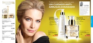 Tratamiento pieles maduras para

UN CUIDADO ANTIARRUGAS AVANZADO





Atención: ¡No ingerir!



 Time Reversing SkinGenist™
Day Cream SPF 15
Crema de Día Time Reversing
SkinGenist™ SPF 15
50 ml.

24181

32,00€

 Time Reversing SkinGenist™ Night Cream
Crema de Noche Time Reversing
SkinGenist™
50 ml.

24184

25,00€

 Time Reversing SkinGenist™
Instant Smooth Capsules
Cápsulas Time Reversing SkinGenist™
30 uds.

24189
28

Consejo del experto
Potencia el efecto de tu hidratante
antiarrugas utilizando productos
anti-edad especíﬁcos en cada paso
de tu rutina de belleza diaria.
Te recomiendo la Limpiadora
Rejuvenecedora y el Serum Día
y Noche Time Reversing.
¡Te encantarán!



3 INCREÍBLES
BENEFICIOS¹) EN UNA
EXCLUSIVA FÓRMULA
• Elimina restos de maquillaje
e impurezas sin resecar la piel
• Hidrata, regenera y nutre
la piel
• Sensación suave y sedosa
al instante



RESTAURA LOS
ATRIBUTOS²) DE
UNA PIEL MÁS JOVEN

45

+

Pieles
maduras

• Aspecto radiante
• Menos arrugas faciales
• Firmeza
• Resistencia
• Tono uniﬁcado

32,00€

 Time Reversing SkinGenist™ Eye Cream
Contorno de Ojos Time Reversing
SkinGenist™
15 ml.

24665

Experta en belleza

cuidado facial



Linda Hölling

38,00€

 Time Reversing SkinGenist™
Multi-Cleanser
Limpiadora Rejuvenecedora
Time Reversing SkinGenist™
150 ml.

 Time Reversing SkinGenist™
Day & Night Essence
Serum Día y Noche
Time Reversing Skin Genist™
30 ml.

25261

24217

19,00€

12,95€

36,00€

21,95€

1) Test de consumo realizado en 55 mujeres de más de 45 años
2) Test de consumo realizado en 103 mujeres de más de 45 años.
29

 