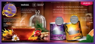 I N F U S I Ó N E S H E R B A L E S , U N H Á B I TO S A LU DA B L E E N T U D Í A A D Í A .

INFUSIONES TRADICIONALES
con extractos herbales y sabores naturales

• 100% NATURAL SIN CONSERVANTES
• ANTIOXIDANTES Y FIBRA PREBIÓTICA

Dos deliciosas infusiones, una Relajante con Té Rooibos y Manzanilla libre de cafeína y otra
Estimulante con Ginseng y Guaraná.

• FAVORECE LA DIGESTIÓN

Desarrolla nuevos hábitos saludables tomando a diario una
deliciosa infusión con extractos herbales y ﬁbra prebiótica
que ayuda a digerir los alimentos y antioxidantes que
protegen de los radicales libres causantes del envejecimiento.
Simplemente añadir ½ cucharada de café en 200 ml
de agua hirviendo y remover hasta su completa
disolución.

¡NUEVO!

Estimulante

Relajante


INGREDIENTES:
• Té Negro •Ginseng
• Guaraná • Nuez Moscada
• Clavo • Aroma de Naranja

INGREDIENTES:
• Té Rooibos • Manzanilla
• Canela • Jengibre
• Cardamomo • Clavo

Botanical Infusion
Infusión Soluble con Extractos Herbales
Deliciosa y saludable infusión con múltiples
beneﬁcios para tu salud. Con extractos
herbales naturales, ﬁbra prebiótica y
antioxidantes protectores. Fácil de preparar.
100% natural sin conservantes. 40 raciones.
120 g.

24,95€



 Relajante

25032
24695

 Estimulante

44

T U S S U E Ñ O S – N U E S T R A I N S P I R AC I Ó N™

45

 