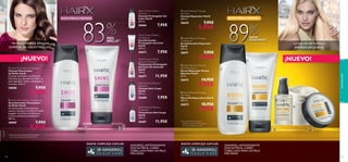 ”MI PELO MERECE BRILLAR
COMO EL DE LAS ESTRELLAS”

%

MÁS 1)
BRILLO



¡NUEVO!
 HairX Shine Reviver Shampoo
Champú Potenciador
del Brillo HairX
Champú iluminador con Polvo de
Diamante que devuelve el brillo a tu
pelo dejándolo limpio, revitalizado y
luminoso. 250 ml.

30008

7,95€

HairX Colour Protect
Conditioner
Acondicionador
Prolongador del Color
HairX
200 ml.

26672

7,95€

HairX Colour Protect
Leave-In Treatment
Tratamiento Prolongador
del Color Sin Aclarado
HairX
150 ml.



26677

11,95€

HairX Dandruff Rescue
Shampoo
Champú Anti-Caspa
HairX
250 ml.

7,95€

5,95€

26680

 HairX Shine Reviver Conditioner
Acondicionador Potenciador
del Brillo HairX
Acondicionador hidratante que
suaviza y devuelve el brillo al cabello
apagado. Con Polvo de Diamante
y suaves emolientes hidratantes.
200 ml.

30009

26666

7,95€

HairX Dandruff Rescue
Treatment
Tratamiento Anti-Caspa
HairX
100 ml.

7,95€

26681

5,95€

11,95€

 HairX Restore Therapy
Shampoo
Champú Reparador HairX
250 ml.

26642

NUEVA FÓRMULA MEJORADA

89

7,95€

5,95€

26671

7,95€

5,95€

 HairX Restore Therapy
Split Ends Serum
Serum Reparador Puntas
Abiertas HairX
30 ml.

26674

%

MAYOR
RESISTENCIA2)

 HairX Restore Therapy
Conditioner
Acondicionador Reparador
HairX
200 ml.

¡NUEVO!





14,95€

9,95€

 HairX Restore Therapy
Hair Mask
Mascarilla Reparadora HairX
200 ml.

26673

LA SALUD DE TU PELO
EMPIEZA EN LA RAÍZ

aseo personal

83

NUEVA FÓRMULA MEJORADA

HairX Colour Protect
Shampoo
Champú Prolongador del
Color HairX
250 ml.



10,95€

7,95€



2) Ante daños como el exceso de
cepillado, comparando la línea básica
con la nueva Reparadora HairX

1) Test instrumental comparando la línea básica
con la nueva Potenciadora del Brillo HairX.

NUEVO COMPLEJO CAPILAR

108

GINGEROL ANTIOXIDANTE
QUE NUTRE EL CUERO
CABELLUDO PARA UN PELO
MÁS SANO

NUEVO COMPLEJO CAPILAR

GINGEROL ANTIOXIDANTE
QUE NUTRE EL CUERO
CABELLUDO PARA UN PELO
MÁS SANO
109

 