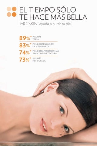 EL TIEMPO SÓLO
TE HACE MÁS BELLA
MOISKIN™ ayuda a nutrir tu piel.


89%*   PIEL MÁS
       TERSA.


83%*   PIEL CON SENSACIÓN
       DE MÁS FIRMEZA.


74%*   PIEL CON APARIENCIA MÁS
       SANA Y MEJOR TEXTURA.


73%*   PIEL MÁS
       HUMECTADA.
 