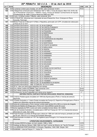 20ª PERMUTA DO C.C.S. - 10 de Abril de 2010
Lote nº   Euros                                            DESCRIÇÃO                                                    COND     Licit.   A:
  163      8,00 2 carteiras Lindner para moedas, ref. 2070E, valor comercial 14.40 €                                    Novas
  164      2,50 2 telegramas comerciais para Setúbal de 1947 e 1952, c/ furos de arquivo. Mod. O.G. 9-45 e da
                  Tip."A Persistente"-Chamusca + 1948/53- 2 Docs. Fiscais de Setúbal: Conhecimento de Imposto
                  Complementar de 1948 e Licença Alvará da CMCS de 1953
  165     33,00   3 conj. 10 folhas Lindner T.Blanko, valor comercial 63 €                                              Novas
  166      6,50   5 ETIQUETAS diferentes sem impressão da taxa (Passarinho, Euro, Crianças em Risco,                      **
                  Caravela, Flamingo)
  167      5,00   Bilhete Postal de D.Manuel II 10 Réis c/ Republica, perfurado com CFP, circulado de Lisboa para
                  o Porto em 8-12-1911
  168      5,00   Carimbos Nominativos - 1870 D.LUIS CE 36 ALCOBAÇA                                                       o
  169      5,00   Carimbos Nominativos - 1870 D.LUIS CE 36 CASTELO BRANCO                                                 o
  170      5,00   Carimbos Nominativos - 1870 D.LUIS CE 40 CASTRO DAIRE                                                   o
  171      5,00   Carimbos Nominativos - 1870 D.LUIS CE 40 FIGUEIRA                                                       o
  172      5,00   Carimbos Nominativos - 1870 D.LUIS CE 40 MORTÁGUA                                                       o
  173      5,00   Carimbos Nominativos - 1870 D.LUIS CE 40 VIEIRA                                                         o
  174      5,00   Carimbos Nominativos - 1870 D.LUIS CE 40 VOUZELA                                                        o
  175      5,00   Carimbos Nominativos - 1876 Jornais CE 48 CARRAZEDA DE ANÇIÃES                                          o
  176      5,00   Carimbos Nominativos - 1876 Jornais CE 48 CEZIMBRA                                                      o
  177      5,00   Carimbos Nominativos - 1880 D.LUIS CE 52 MORTÁGOA                                                       o
  178      5,00   Carimbos Nominativos - 1880 D.LUIS CE 52 PONTE DA BARCA                                                 o
  179      5,00   Carimbos Nominativos - 1880 D.LUIS CE 53 MEALHADA                                                       o
  180      5,00   Carimbos nominativos - 1880 D.LUIS CE 54 ANADIA                                                         o
  181      5,00   Carimbos Nominativos - 1880 D.LUIS CE 54 ARGANIL                                                        o
  182      5,00   Carimbos Nominativos - 1880 D.LUIS CE 54 ARMAMAR                                                        o
  183      5,00   Carimbos Nominativos - 1880 D.LUIS CE 54 ARMAMAR                                                        o
  184      5,00   Carimbos Nominativos - 1880 D.LUIS CE 54 AZEITAO                                                        o
  185      5,00   Carimbos Nominativos - 1880 D.LUIS CE 54 C.GRANDE                                                       o
  186      5,00   Carimbos Nominativos - 1880 D.LUIS CE 54 GOLEGAN                                                        o
  187      5,00   Carimbos nominativos - 1880 D.LUIS CE 54 GOLEGAN                                                        o
  188      5,00   Carimbos Nominativos - 1880 D.LUIS CE 54 LAGOS                                                          o
  189      5,00   Carimbos Nominativos - 1880 D.LUIS CE 54 PENALVA DO CASTELO                                             o
  190      5,00   Carimbos Nominativos - 1882 D.LUIS CE 57 CANEÇAS                                                        o
  191      5,00   Carimbos Nominativos - 1882 D.LUIS CE 57 GOUVEIA                                                        o
  192      5,00   Carimbos Nominativos - 1882 D.LUIS CE 57 LUMIAR                                                         o
  193      5,00   Carimbos Nominativos - 1882 D.LUIS CE 57 NAZARETH                                                       o
  194      5,00   Carimbos Nominativos - 1882 D.LUIS CE 57 PONTE DA BARCA                                                 o
  195      5,00   Carimbos Nominativos - 1882 D.LUIS CE 57 THOMAR                                                         o
  196      5,00   Carimbos Nominativos - 1882 D.LUIS CE 58 MOIMENTA DA BEIRA                                              o
  197      5,00   Carimbos Nominativos - 1892 D.CARLOS CE 70 V.F.XIRA                                                     o
  198      5,00   CE 51, selo com perfuração telegráfica em estrela                                                       o
  199     14,00   Conj. folhas Lindner 02*OMNIA, valor comercial 24 €                                                   Novas
  200      4,00   Conj. folhas Lindner p/ Portugal, 1982/3                                                              Novas
  201      5,00   Dinossauros, tira de 3 etiquetas com vários erros (testes?)                                            0/**
                           HISTÓRIA POSTAL (CARTAS E POSTAIS CIRCULADOS, REGISTOS, CENSURAS)
  202      5,00 2 Inteiros Postais iguais circulados em 1945 dos Açores para o Porto c/ marcas de censura                 o
                  diferentes
  203     14,00   3 Postais Ilustrados e 1 Inteiro Postal circulados de França (2), Espanha e Portugal para o Porto e     o
                  Lisboa com diferentes marcas de censura portuguesa
  204     10,00   Carta de Londres para o Porto marcas 'London paid' portes 2/6 e 490 rs e marca de chegada
  205      5,00   Carta pré-filatelica de Braga para o Porto com marca BRG4 e porte 20 a azul
  206      3,00   Carta registada da PSP e outra com série completa Correio Aéreo CE 1236/8
  207      6,00   Lote de 2 postais ilustrados, circulados para o CEP em França em 1917 c/ 2 marcas de censura            o
                  diferentes em cada. Sem selos
  208      8,00   Postal Ilustrado circulado de Braga para Lisboa em 1906 sem selo de franquia, porteado com selo         o
                  de 20 reis CE9 (P) e c/ 2 marcas de Porteado diferentes
  209      8,00   Postal ilustrado circulado em 1917 de Inglaterra para Portugal c/ 2+2 marcas de censura                 o
                  diferentes
                                            LITERATURA COLECCIONISTA , CATÁLOGOS
  210      8,00   8 revistas MOEDA antigas, em bom estado (1986 a 1993)                                                 usadas
  211     10,00   Catálogo de Marcas Aéreas (1968-1990) de Cap.F.Lemos da Silveira, ed. Tap Air Portugal                novo
  212     15,00   Livro MOEDAS PORTUGUESAS, IV Dinastia República, 1640-1990 Edição 1991                                novo
  213      5,00   NUMISMA - Lista de Preços nº 1, Verão 76                                                              novo



                                                                                                                                 pág.4
 