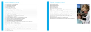 06   Sector Sanidad y Salud                                                                              06   Sector Sanidad y Salud
          06.18. Primeros auxilios en centros educativos                                                           06.43. Auxiliar de Psiquiatría
          06.19. Primeros auxilios para auxiliares                                                                 06.44. Auxiliar de Odontología
          06.20. Pruebas de laboratorio clínico                                                                    06.45. Auxiliar de Farmacia
          06.21. Reanimación cardio pulmonar                                                                       06.46. Auxiliar de Veterinaria
          06.22. Técnicas de atención al paciente                                                                  06.47. Celador en Instituciones Sanitarias
          06.23. Técnico de centro de atención a la infancia                                                       06.48. Curso Superior de Primeros Auxilios y Reanimación Cardiopulmonar
          06.24. Trabajo y actividad física en las mujeres embarazadas                                             06.49. Legislación sanitaria y Sistema APPCC
          06.25. Proceso de Tejido y Citopreparación.                                                              06.50. Experto en Técnicas de Apoyo Psicológico y Social en Situaciones de Crisis
          06.26. Citología Ginecológica                                                                            06.51. Experto en Técnicas de Inmovilización, Movilización y Traslado del Paciente
          06.27. Fotografía Macro y Microscópica.                                                                  06.52. Técnico en Análisis Clínico: Especialidad Hematología
          06.28. Citología de Muestras no Ginecológicas Obtenidas por Punción                                      06.53. Experto en Emergencias Sanitarias y Dispositivos de Riesgo Previsible
          06.29. Citología de Secreciones y Líquidos                                                               06.54. Auxiliar de Clínica
          06.30. Recogida, Preparación y Conservación de Muestras Biológicas Humanas                               06.55. Experto en Atención Sanitaria Inicial a Múltiples Víctimas
          06.31. Fundamentos y Técnicas de Análisis Hematológicos y Citológicos                                    06.56. Experto en Técnicas de Soporte vital básico y de apoyo al soporte vital avanzado
          06.32. Productos Químicos y Vectores de Interés en Salud Pública
          06.33. Control y Vigilancia de la Contaminación de Alimentos
          06.34. Organización y Gestión del Área de Trabajo asignada en la Unidad Laboratorio y Diagnóstico
          06.35. Fundamentos y Técnicas de Análisis Bioquímicos
          06.36. Fundamentos y Técnicas de Análisis Microbiológicos
          06.37. Aguas de Uso y Consumo
          06.38. Educación Sanitaria y Promoción de la Salud
          06.39. Contaminación Atmosférica, Ruidos y Radiaciones
          06.40. Organización y Gestión del Área de Trabajo asignada en la Unidad Anatomía Patológica
          06.41. Necropsias
          06.42. Auxiliar de Enfermería
36                                                                                                                                                                                                           37
 