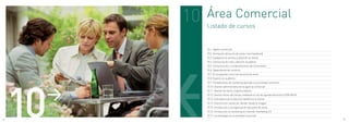 10   Área Comercial
               Listado de cursos


               10.1. Agente comercial
               10.2. Animación del punto de venta: merchandising
               10.3. Calidad en el servicio y atención al cliente
               10.4. Comunicación oral y atención al público
               10.5. Comunicación y comportamiento del consumidor
               10.6. Dependiente de comercio
               10.7. El escaparate como herramienta de venta




     10
               10.8. Experto en auditoría -
               10.9. Fundamentos de marketing aplicado a la actividad comercial




      >
               10.10. Gestión administrativa de la agencia comercial
               10.11. Gestión de stock y logística básica
               10.12. Gestión eficaz del tiempo mediante el uso de agenda electrónica PDA PALM
               10.13. Guía básica de la atención telefónica al cliente
               10.14. Interiorismo comercial. Vender desde la imagen
               10.15. Introducción a la organización del punto de venta
               10.16. Introducción al marketing en internet: marketing 2.0
               10.17. La estrategia en la actividad comercial
54                                                                                               55
 