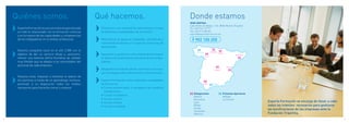 Quiénes somos.                                       Qué hacemos.                                          Donde estamos
                                                                                                               SEDE CENTRAL
                                                                                                               Calle Núñez de Balboa, 120. 28006 Madrid. (España)
     Experta Formación es una consultora especializada    Ofrecemos una variedad de alternativas a través      Tel.: (34) 914 119 771
     en todo lo relacionado con la formación continua     de diferentes modalidades de formación.              Fax: (34) 913 238 026
                                                                                                               experta@expertaformacion.net
     y en la mejora de las capacidades y competencias
     de los trabajadores en el ámbito profesional.        Reforzamos el apoyo al trabajador, atendiendo y          902 100 205
                                                          tutorizando al alumno a lo largo de su proceso de
                                                          aprendizaje.
     Nuestra compañía nació en el año 2.000 con el                                                                                     Santander
                                                                                                                    La Coruña
     objetivo de dar un servicio eficaz y, asimismo,      Apoyamos y ayudamos a los empresarios a lograr                                           Bilbao
                                                                                                                                                                       Barcelona
                                                                                                                                León
     ofrecer una extensa oferta formativa de calidad,     el desarrollo profesional y personal de sus traba-
     muy flexible que se adapta a las necesidades del     jadores .
     personal de cada empresa.                                                                                                                              Valencia
                                                          Adaptamos el estudio de los alumnos a las nue-                                    Madrid
                                                          vas tecnologías de la información y comunicación.
     Nuestra meta: impulsar y fomentar el talento de
     los alumnos a través de un aprendizaje continuo,     Experta Formación ofrece distintas modalidades
     poniendo a su disposición todos los medios           de formación:                                                    Sevilla        Málaga

     necesarios para hacerles crecer y mejorar            • Cursos presenciales in company o en nuestras
                                                             instalaciones.
                                                                                                                  Delegaciones                         Próximas Aperturas
                                                          •	 Cursos a distancia                                   Madrid                               Málaga
                                                          • 	Cursos online                                        Barcelona                            La Coruña
                                                          • 	Cursos mixtos                                        León                                                             Experta Formación se encarga de llevar a cabo
                                                          • 	Cursos a medida                                      Bilbao                                                           todos los trámites  necesarios para gestionar
                                                                                                                  Sevilla                                                          las bonificaciones de las empresas ante la
                                                                                                                  Santander
                                                                                                                  Valencia                                                         Fundación Tripartita.
4                                                                                                                                                                                                                                  5
 