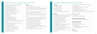 19   Área PRL Prevención de Riesgos Laborables                                                                                                    19   Área PRL Prevención de Riesgos Laborables
          19.96. PRL Operador de Grúas Móviles Autopropulsadas              Básicos:                                                                        Sectoriales:                                                 19.156. Prevención y Protección frente al Ruido y Vibraciones
          19.97. PRL Operador de Puente Grúa                                19.119. PRL Nivel Básico                                                        19.136. PRL Sector Agrícola.                                 19.157. Ergonomía
          19.98. PRL Operario de Almacén                                    19.120. PRL en la Admón. Pública. Nivel Básico.                                 19.137. PRL Sector Textil                                    19.158. Tiempo de Trabajo. Turnicidad y Nocturnidad.
          19.99. PRL Operario de Mantenimiento                              19.121. RL Actividades en obras, excavaciones y túneles. Nivel básico.          19.138. PRL Sector Metal                                     19.159. Factores Psicosociales
          19.100. PRL Personal Administrativo                               19.122. PRL Trabajos con riesgo eléctrico en Baja y Alta Tensión. Nivel         19.139. PRL Sector Químico                                   19.160. Factores Psicosociales y Estrés Laboral
          19.101. PRL Personal de Estaciones de Servicio                    básico.                                                                         19.140. PRL Sector Servicios                                 19.161. Manipulación Manual de Cargas
          19.102. PRL Personal de Limpieza                                  19.123. PRL Actividades con productos químicos de alto riesgo.                  19.141. PRL Seguridad y Salud a bordo de buques.             19.162. Prevención de Riesgos en el Uso de Pantallas de Visualización de
          19.103. PRL Personal de Limpieza en Hospitales                    Prevención de Accidentes Graves. Nivel básico.                                                                                               Datos
          19.104. PRL Personal de Mensajería                                19.124. PRL Trabajos con exposición a agentes tóxicos, muy tóxicos,             Avanzados:                                                   19.163. Escuela de Espalda
          19.105. PRL Pintor                                                cancerígenos, mutagénicos o tóxicos para la reproducción. Nivel                 19.142. Seguridad y Salud en Construcción. Nivel Avanzado.   19.164. Escuela de Voz
          19.106. PRL Soldador                                              básico.                                                                         19.143. Prevención y Protección frente al Riesgo Eléctrico   19.165. Primeros auxilios. Nivel Intermedio.
          19.107. PRL Técnicos Comerciales                                  19.125. PRL Actividades en Estaciones de Servicio. Nivel básico.                19.144. Prevención de Riesgos Eléctricos
          19.108. PRL Vigilantes de Seguridad                               19.126. PRL Trabajos en la Minería de Interior y Exterior. Nivel básico.        19.145. Prevención de Trabajos en Altura                     Construcción, primer ciclo de formación:
          19.109. PRL Personal de Hostelería                                19.127. PRL Trabajos a bordo de buques. Nivel básico.                           19.146. Trabajo en Altura Avanzado                           19.166. Aula Permanente. Nivel Inicial Construcción.
          19.110. PRL Personal de Manipulación de Alimentos para su Venta   19.128. PRL Construcción Naval. Nivel básico.                                   19.147. PRL en la utilización de andamios
          al Público                                                        19.129. PRL Depuración de Aguas. Nivel básico.                                  19.148. Equipos de Protección Individual                     Segundo ciclo de formación:
          19.111. PRL Personal de Mataderos e Industrias Cárnicas           19.130. PRL Fabricación de Cemento. Nivel básico.                               19.149. Equipos de Trabajo                                   19.167. Por puestos de Trabajo
          19.112. PRL Personal de Laboratorios                              19.131. PRL Trabajos Forestales. Nivel básico.                                  19.150. Metodología para la Investigación de Accidentes      19.168. Gerentes y directivos de empresas
          19.113. PRL Personal Sanitario                                    19.132. PRL Sector Telecomunicaciones. Nivel básico.                            19.151. Seguridad en los Desplazamientos                     19.169. Administrativos
          19.114. PRL Personal Industria Cerámica                           19.133. PRL para Delegados de Prevención en Andalucía. Nivel básico.            19.152. Prevención de Accidentes Graves                      19.170. Responsables de obra y técnicos de ejecución
          19.115. PRL Personal Industria Calzado                            19.134. Legislación básica en PRL                                               19.153. Etiquetado de Sustancias y Preparados Peligrosos     19.171. Mandos Intermedios
          19.116. PRL Personal Comercio-Dependiente                         19.135. Legislación básica en PRL en la Admón. Pública.                         19.154. PRL en Atmósferas Explosivas
          19.117. PRL Personal Farmacia                                                                                                                     19.155. Planes de Emergencia y Evacuación en los Centros     Por Oficio:
          19.118. PRL Personal Peluquería                                                                                                                   de Enseñanza                                                 19.172. Albañilería

96                                                                                                                                                                                                                                                                                                  97
 