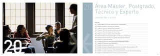 20   Área Máster, Postgrado,
                Técnico y Experto
                listado de cursos
                MÁSTER
                20.1. Master MBA en Dirección y Administración de Empresas
                20.2. Master en Gestión y Dirección de Proyectos
                20.3. Master en Dirección de Recursos Humanos
                20.4. Master en Recursos Humanos y Asesoría Laboral
                20.5. Master en Dirección Comercial y Marketing
                20.6. Master en Asesoría Laboral, Fiscal y Contable




      20
                20.7. Master profesional en Coaching Personal, Ejecutivo y Empresarial
                20.8. Master en diseño, planificación y gestión de planes de formación




       >
                20.9. Master en orientación laboral
                20.10. Master en Agente de Igualdad de Oportunidades para la Mujer
                20.11. Master en Servicios Sociocomunitarios
                20.12. Master en Dietética y Nutrición
                20.13. Master en Gestión Integrada de los Sistemas de Calidad, Medioambiente y PRL
                20.14. Master en Protección Civil y Planes de Autoprotección
                20.15. Master en Diseño, Modelado y Decoración de Interiores en 3D. Interiorista Profesional
                20.16. Master en Administración de Fincas y Gestión Inmobiliaria
100                                                                                                            101
 