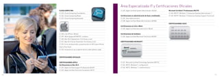 21   Área Especializada IT y Certificaciones Oficiales
      CLOUD COMPUTING                                                         21.236. Apple Certified System Administrator (ACSA)        Microsoft Certified IT Professional (MCITP)
      21.225. Cloud Computing Foundations                                                                                                21.244. MCITP: Windows 7, Enterprise Desktop Administrator 7
      21.226. Cloud Computing Medio                                           Certificaciones en administración de Xsan y multimedia     21.245. MCITP: Windows 7, Enterprise Desktop Support Technician
      21.227. Cloud Computing Avanzado                                        21.237. Xsan Administration
                                                                              21.238. Apple Certified Media Administration (ACMA)
                                                                                                                                         CERTIFICACIONES CISCO
                                                                              Certificaciones en iLife e iWork
                                                                              21.239. Apple Certified Associate (iLife e iWork)


      21.228. ILife (iPhoto, iMovie)                                          Certificaciones de hardware
      21.229. iWork (pages,KEYNOTES, numbers                                  21.240. Apple Certified Macintosh Technician (ACMT)
      21.230. Mac OS X Deployment 10.6 (Snow y Lion)
      21.231. Mac OS X Server Essentials 10.6 (Snow y Lion)                   CERTIFICACIONES MICROSOFT
      21.232. Curso de desarrollo y programación en IOS 5 para iPhone,
      iPad e iPod Touch
      21.233. Iniciación al uso y soporte técnico sobre iphone y ipad




      CERTIFICACIONES OFICIALES


      CERTIFICACIONES APPLE                                                   21.241. Microsoft Certified Technology Specialist (MCTS)
      Certificaciones en Mac OS X                                             21.242. MCTS: Windows 7, configuración
      21.234. Apple Certified Support Professional (ACSP)                     21.243. MCTS: Windows 7, implementación
      21.235. Apple Certified Technical Coordinator (ACTC

116                                                                                                                                                                                                        117
 