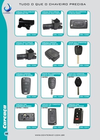 TUDO O QUE O CHAVEIRO PRECISA
CARCAÇA TRAVA DIREÇÃO
COMPATIVEL FOX

CARCAÇA TRAVA DIREÇÃO
COMPATIVEL PALIO (CURTA)

CÓD.: CC001

CÓD.: CC002

CARCAÇA CANIVETE
COMPATIVEL AUDI A3

CARCAÇA TRAVA DIREÇÃO
COMPATIVEL UNO (LONGA)

CÓD.: CC004

CARCAÇA CANIVETE
COMPATIVEL ELANTRA

Carcaça

CÓD.: CC007

16

CHAVE OCA COMPATIVEL
C3 C/ LÂMINA

CÓD.: CC006

CHAVE OCA COMPATIVEL
BMW GOMA PANTOGRAFICA
3 BOTÕES

2 BOTÕES

CÓD.: CC008

CARCAÇA CAN. CoMPATIVEL
PEUGEOT 307

CÓD.: CC009

CARCAÇA CAN.
COMPATIVEL NISSAN
3 BOTÕES

2 BOTÕES

CÓD.: CC010

CÓD.: CC003

CÓD.: CC005

CHAVE OCA COMPATIVEL
CLIO C/ LAMINA

CARCAÇA CAN.
COMPATIVEL HONDA
3 BOTÕES + PANICO

CARCAÇA CAN.COMPATIVEL
C4 PALLAS (FAROL)

CÓD.: CC011

www.centerkey.com.br

CÓD.: CC012

 